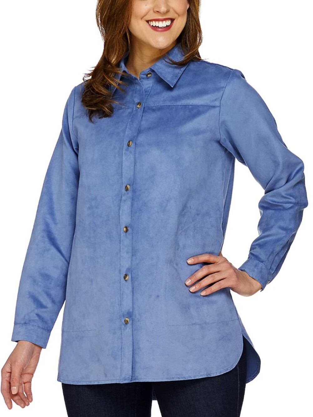 Joan Rivers Long Sleeve Faux Suede Boyfriend Shirt  16752
